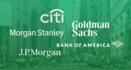 Logos of Citi Group, Morgan Stanley, Goldman Sachs, Bank of America and JPMorgan in Wall Street Manhattan background