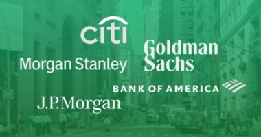 Logos of Citi Group, Morgan Stanley, Goldman Sachs, Bank of America and JPMorgan in Wall Street Manhattan background