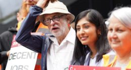 Jeremy Corbyn (2nd left), Zarah Sultana, MP for Coventry South and Mick Lynch, general secretary of the Rail, Maritime and Transport union (RMT) (right) on the picket line outside London Euston train station. Picture date: Thursday August 18, 2022. PA Photo. Rail services are set to be severely disrupted as members of the Transport Salaried Staffs Association (TSSA) and the Rail, Maritime and Transport (RMT) union strike in a continuing row over pay, jobs and conditions. See PA story INDUSTRY Rail. Photo credit should read: Stefan Rousseau/PA Wire
