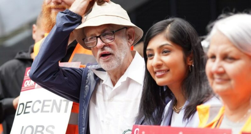 Jeremy Corbyn (2nd left), Zarah Sultana, MP for Coventry South and Mick Lynch, general secretary of the Rail, Maritime and Transport union (RMT) (right) on the picket line outside London Euston train station. Picture date: Thursday August 18, 2022. PA Photo. Rail services are set to be severely disrupted as members of the Transport Salaried Staffs Association (TSSA) and the Rail, Maritime and Transport (RMT) union strike in a continuing row over pay, jobs and conditions. See PA story INDUSTRY Rail. Photo credit should read: Stefan Rousseau/PA Wire