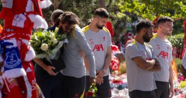 Jota's wife and team-mates arrive at Anfield to witness fans' tributes