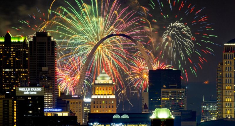 Fireworks over the St. Louis skyline and the Gateway Arch.