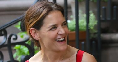 Katie Holmes beams at ex Joshua Jackson on set of their new film