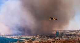 Smoke from a massive wildfire obscuring a city.