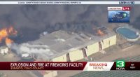 Aerial view of a fireworks facility fire in Esparto, Yolo County.