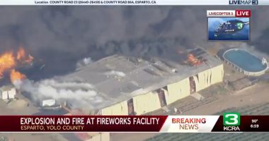 Aerial view of a fireworks facility fire in Esparto, Yolo County.