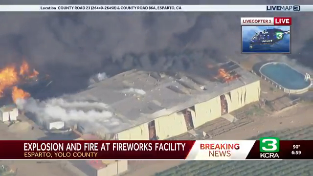 Aerial view of a fireworks facility fire in Esparto, Yolo County.