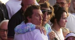 Matthew McConaughey shares a hug with Ronnie Wood at BST Hyde Park