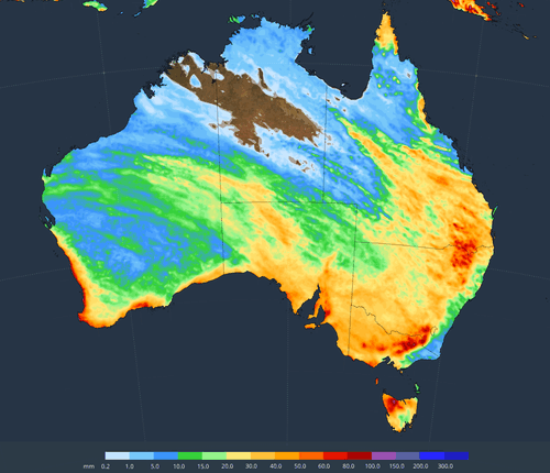 A seven-day precipitation graph for Australia, dated July 24, 2025.