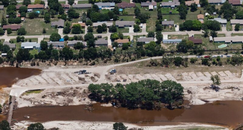Aerial view of flood damage to the Blue Oak RV Park in Kerrville, Texas.