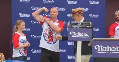 Nathan's Hot Dog Eating Contest at Coney Island, NYC features Joey 'Jaws' Chestnut hoping for a comeback victory