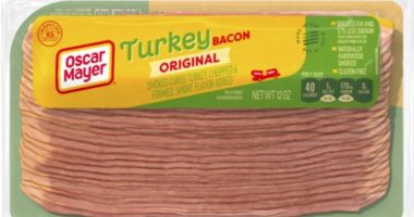 This image provided by the USDA on Wednesday, July 2, 2025, shows the packaging of recalled Oscar Mayer turkey bacon. (USDA via AP)