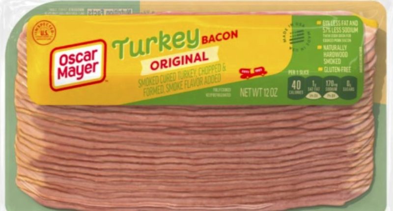 This image provided by the USDA on Wednesday, July 2, 2025, shows the packaging of recalled Oscar Mayer turkey bacon. (USDA via AP)
