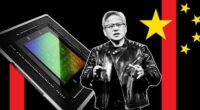 A montage of Jensen Huang, Nvidia H20 chip and China flag detail