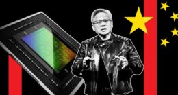 A montage of Jensen Huang, Nvidia H20 chip and China flag detail