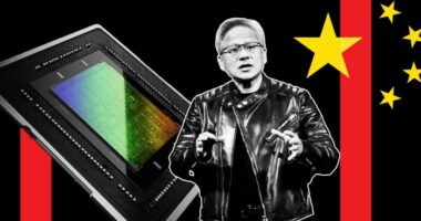 A montage of Jensen Huang, Nvidia H20 chip and China flag detail