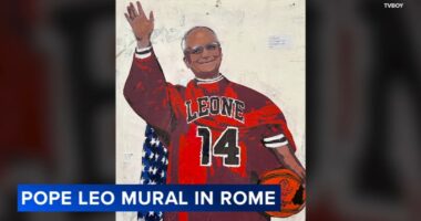 Pope Leo XIV news: Street mural in Rome by TVBoy depicts Chicago native Pope Leo in Chicago Bulls uniform, evoking Michael Jordan