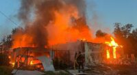Firefighters battling a blaze at a building in Sumy, Ukraine.