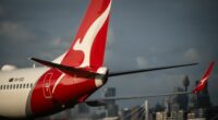 A Qantas A380 aircraft passes Gate 20 at The Beach, Mascot on the perimiter of Sydney Airport. Qantas.