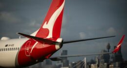 A Qantas A380 aircraft passes Gate 20 at The Beach, Mascot on the perimiter of Sydney Airport. Qantas.