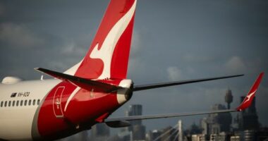 A Qantas A380 aircraft passes Gate 20 at The Beach, Mascot on the perimiter of Sydney Airport. Qantas.