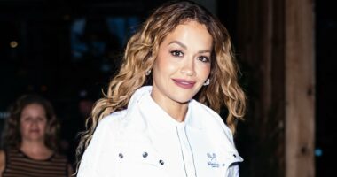 Rita Ora puts on a stylish display in Ralph Lauren white skater skirt