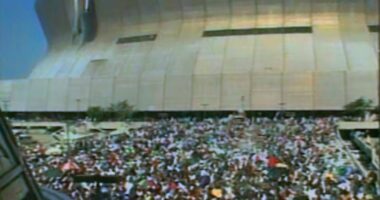 Stranded New Orleans residents gathered outside the Superdome after Hurricane Katrina.