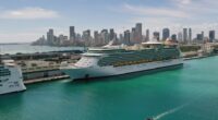 Aerial view of the Navigator of the Seas cruise ship docked in Miami, Florida.