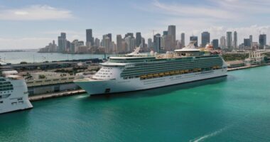 Aerial view of the Navigator of the Seas cruise ship docked in Miami, Florida.