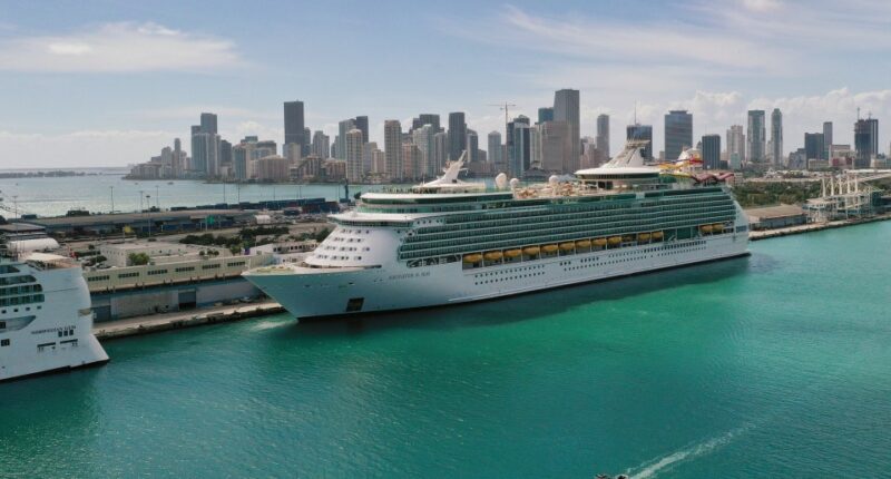 Aerial view of the Navigator of the Seas cruise ship docked in Miami, Florida.