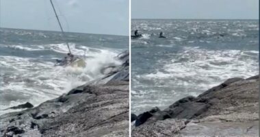 Sailboat carrying 10 sinks after crashing into New Jersey jetty during rough seas