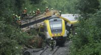 Rescue workers attending to a derailed train.