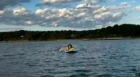 Paddleboarder on calm water near a shoreline.