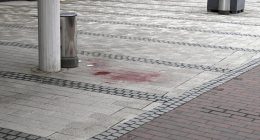 Blood stain on a sidewalk after a stabbing.
