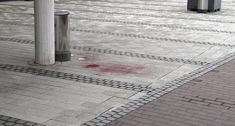 Blood stain on a sidewalk after a stabbing.