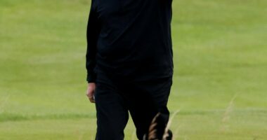 Donald Trump waving on a golf course.