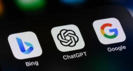 ChatGPT, Bing and Google apps on an Apple iPhone.