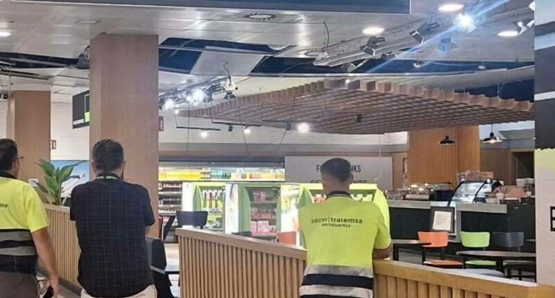 Airport ceiling collapse after earthquake.