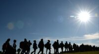 Migrants are on their way from the Austrian-German border to the first registration point of the German federal police near the small Bavarian village Wegscheid, southern Germany