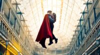 Superman and Lois Lane kissing while flying.