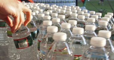 Rows of bottled water.