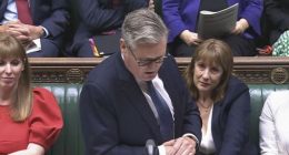 This screen grab of Chancellor of the Exchequer Rachel Reeves, right, crying as Prime Minister Keir Starmer speaks during Prime Minister's Questions in the House of Commons, London, Wednesday July 2, 2025.
