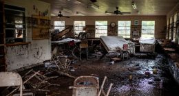 Muddy interior of a flood-damaged cabin with overturned furniture.