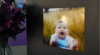 Photo of a smiling baby in a field.