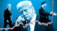 Composite image of Donald Trump, Mark Carney and Xi Jinping, with a line graph overlaid