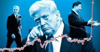 Composite image of Donald Trump, Mark Carney and Xi Jinping, with a line graph overlaid