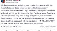 President Donald Trump said today that Israel has agreed on terms for a 60-day ceasefire in Gaza and warned Hamas to accept the deal before conditions worsen.