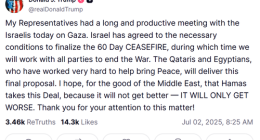 President Donald Trump said today that Israel has agreed on terms for a 60-day ceasefire in Gaza and warned Hamas to accept the deal before conditions worsen.