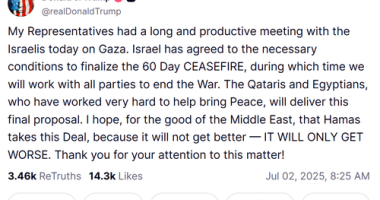 President Donald Trump said today that Israel has agreed on terms for a 60-day ceasefire in Gaza and warned Hamas to accept the deal before conditions worsen.