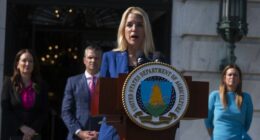 Attorney General Pam Bondi, front, with Agriculture Secretary Brooke Rollins, back left to right, Secretary of Defense Pete Hegseth and Arkansas Gov. Sarah Huckabee Sanders, speaks during a news conference at the Department of Agriculture to rollout the USDA'S National Farm Security Action Plan and discuss actions being taken to protect American agriculture from foreign threats in Washington, Tuesday, July 8, 2025. (AP Photo/Manuel Balce Ceneta)
